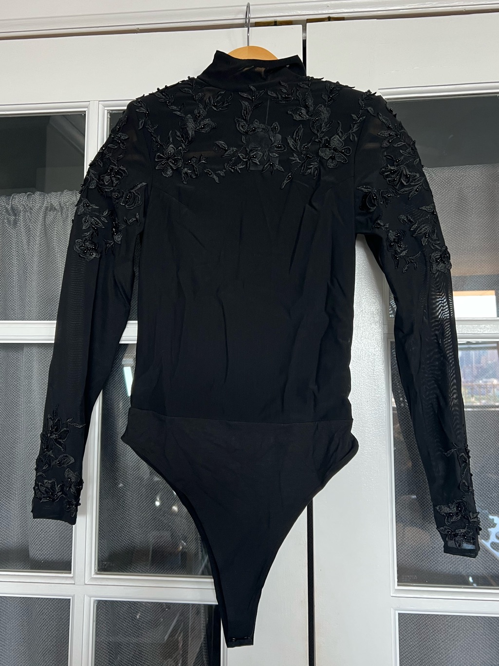 Jameela Jamil Black Long-Sleeve Embroidered Bodysuit